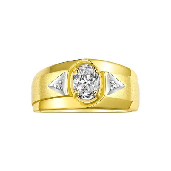 RYLOS Men's Rings 14K Yellow Gold Classic 7X5MM Oval Gemstone & Diamond Ring White Topaz April Birthstone Rings For Men, Gold Rings Size 8