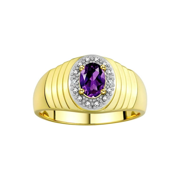 RYLOS Men's Rings 14K Yellow Gold Classic Halo Of Diamonds 7X5MM Oval Gemstone Ring Amethyst February Birthstone Rings For Men Size 8