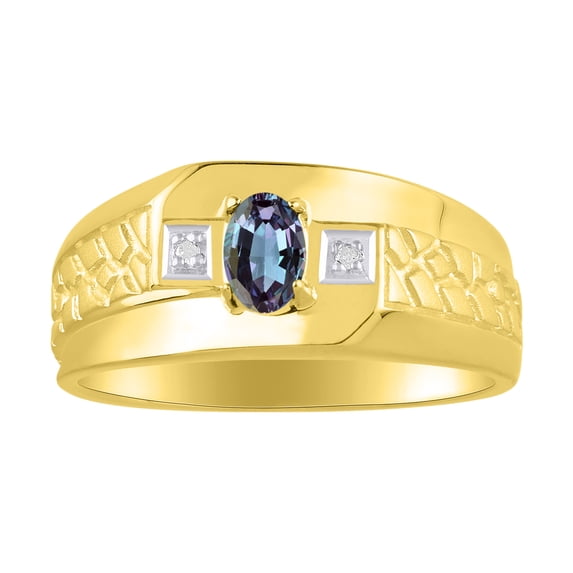 RYLOS Men's Rings 14K Yellow Gold Classic Nugget 6X4MM Oval Gemstone & Diamond Ring Alexandrite June Birthstone Rings Size 13