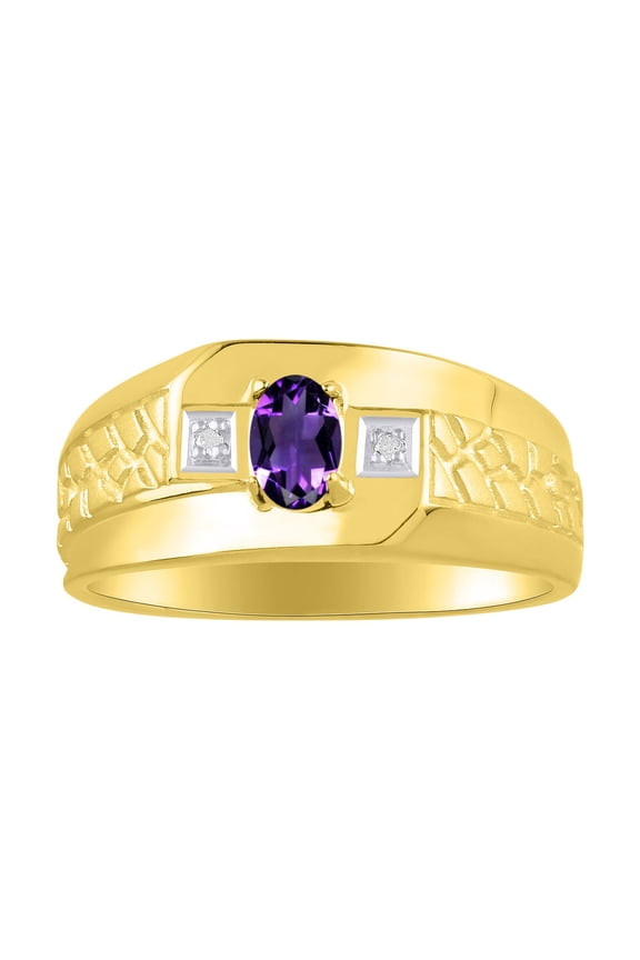 Men's Rings 14K Yellow Gold Classic Nugget 6X4MM Oval Gemstone & Diamond Ring Amethyst February Birthstone Rings Size 13