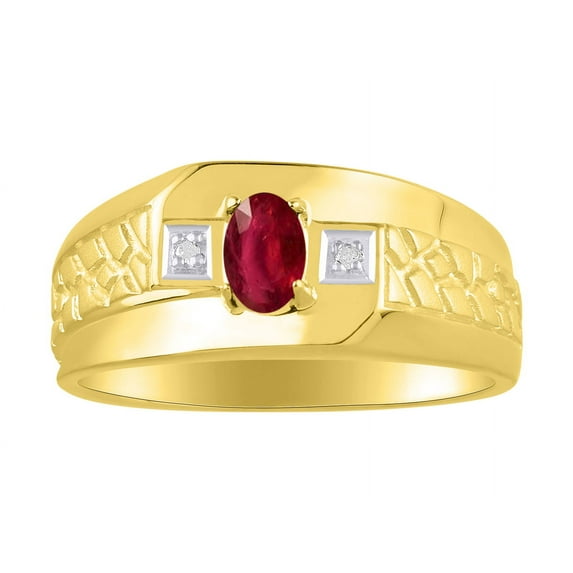 RYLOS Men's Rings 14K Yellow Gold Classic Nugget 6X4MM Oval Gemstone & Diamond Ring Ruby July Birthstone Rings Size 11