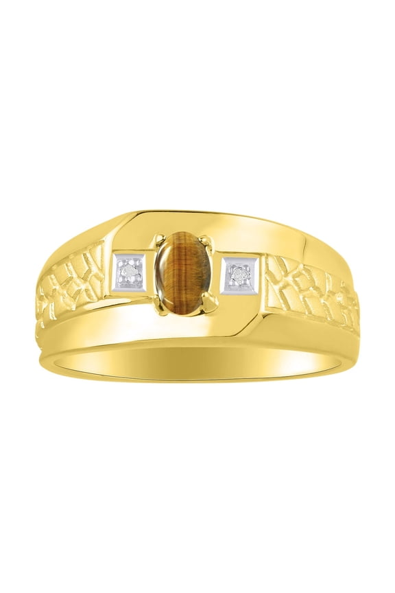 Men's Rings 14K Yellow Gold Classic Nugget 6X4MM Oval Gemstone & Diamond Ring Tiger Eye November Birthstone Rings Size 12