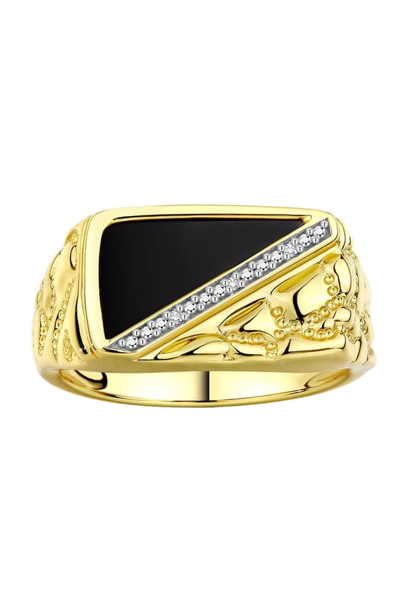 Men's Rings 14K Yellow Gold Classic Ring With Diamonds and Black Onyx Set in Designer 1/2 Nugget Rings For Men Size 13
