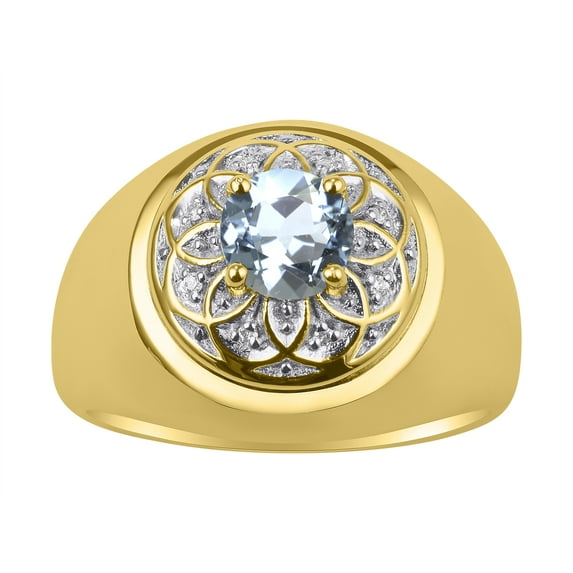 RYLOS Men's Rings 14K Yellow Gold Designer Gypsy 7MM Round Gemstone & Diamond Ring Aquamarine March Birthstone Rings Size 8