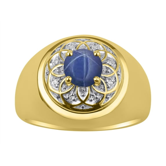 RYLOS Men's Rings 14K Yellow Gold Designer Gypsy 7MM Round Gemstone & Diamond Ring Blue Star Sapphire September Size 11