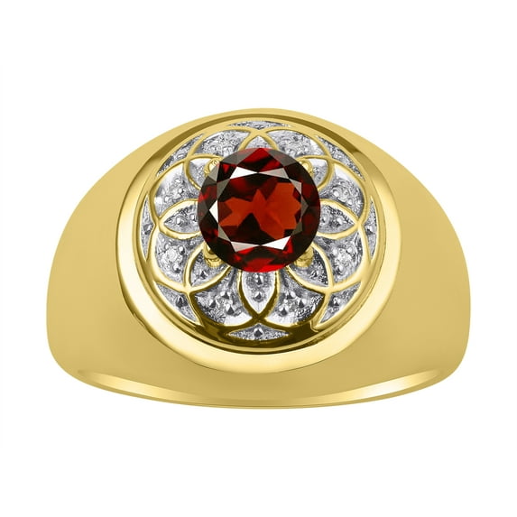 RYLOS Men's Rings 14K Yellow Gold Designer Gypsy 7MM Round Gemstone & Diamond Ring Garnet January Birthstone Rings Size 8