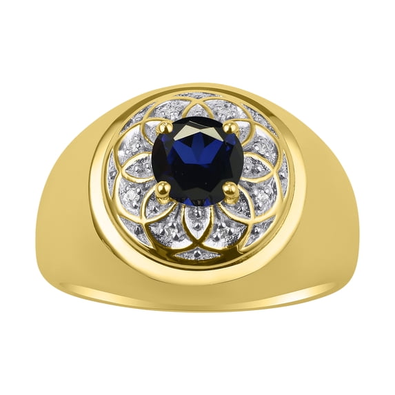 RYLOS Men's Rings 14K Yellow Gold Designer Gypsy 7MM Round Gemstone & Diamond Ring Sapphire September Birthstone Size 11