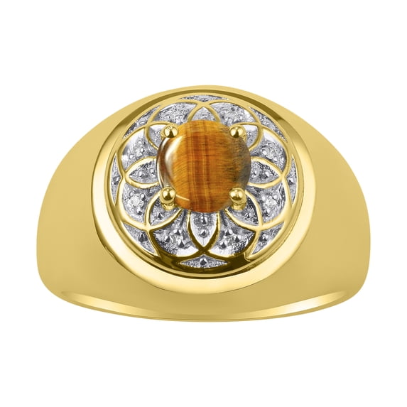 RYLOS Men's Rings 14K Yellow Gold Designer Gypsy 7MM Round Gemstone & Diamond Ring Tiger Eye November Birthstone Size 13