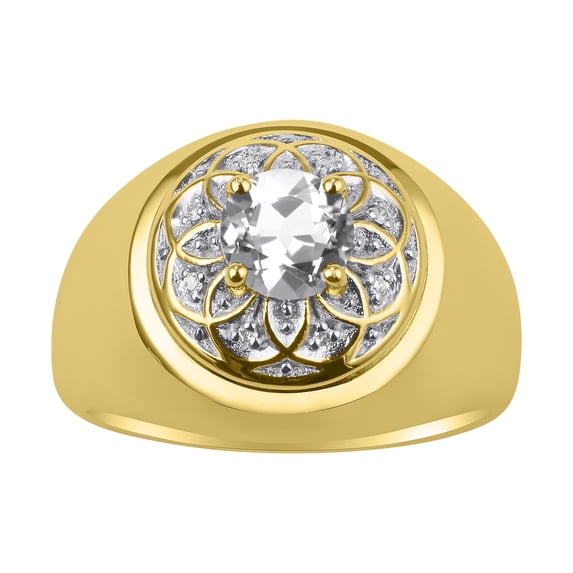 RYLOS Men's Rings 14K Yellow Gold Designer Gypsy 7MM Round Gemstone & Diamond Ring White Topaz April Birthstone Size 10