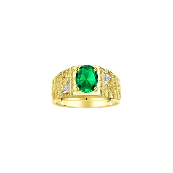 RYLOS Men's Rings 14K Yellow Gold Designer Nugget Ring Oval 9X7MM Gemstone & Diamonds Emerald May Birthstone Rings For Man Size 13