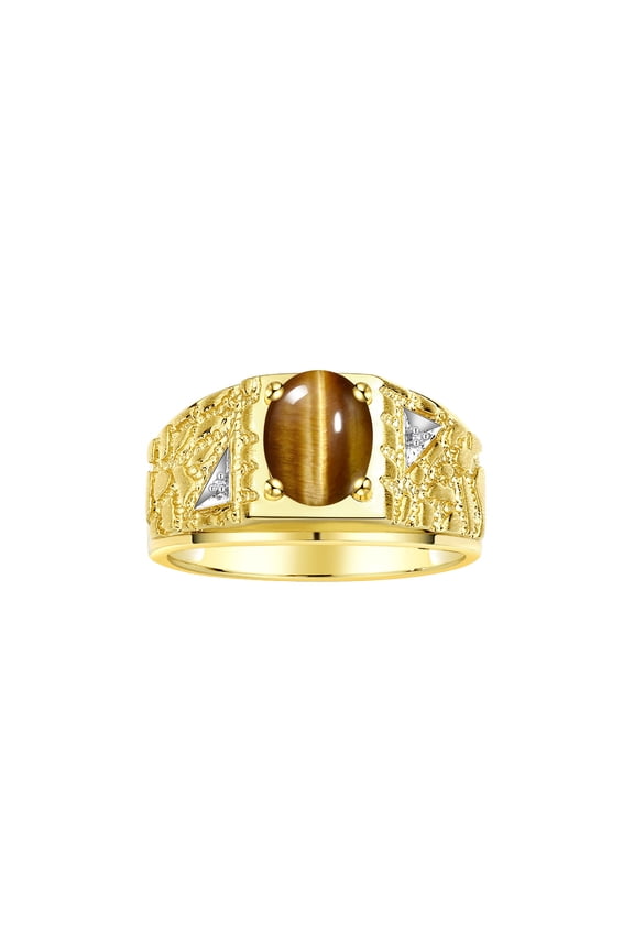 Men's Rings 14K Yellow Gold Designer Nugget Ring Oval 9X7MM Gemstone & Diamonds Tiger Eye November Birthstone Rings For Man Size 11