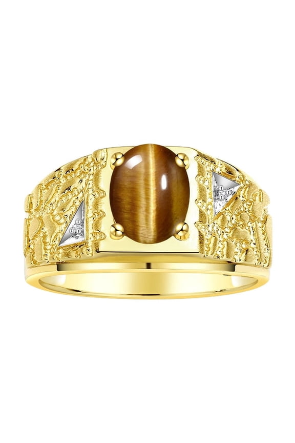 Men's Rings 14K Yellow Gold Designer Nugget Ring Oval 9X7MM Gemstone & Diamonds Tiger Eye November Birthstone Rings For Man Size 8