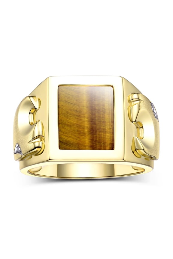 Men's Rings 14K Yellow Gold Designer Ring Tiger Head On Both Sides Diamond in the Eyes and Tiger Eye Rings For Men Size 9