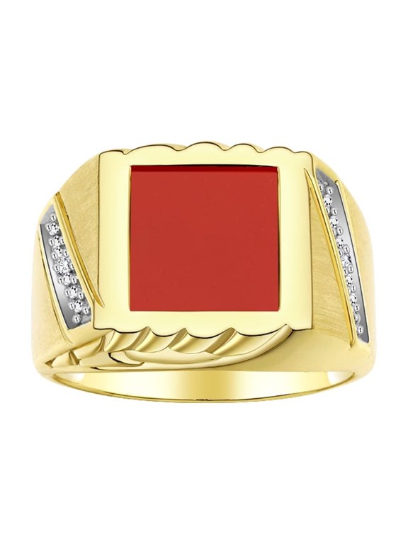 Men's Rings 14K Yellow Gold Designer Ring With Diamonds and Red Quartz Rings For Men Size 11