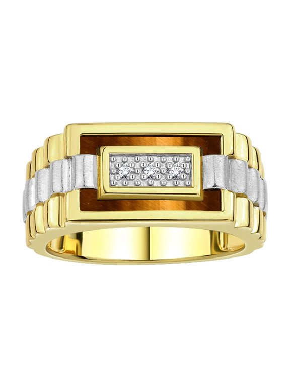 Men's Rings 14K Yellow Gold Designer Ring With Diamonds and Tiger Eye Rings For Men Size 12
