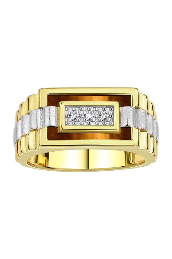 Men's Rings 14K Yellow Gold Designer Ring With Diamonds and Tiger Eye Rings For Men Size 9