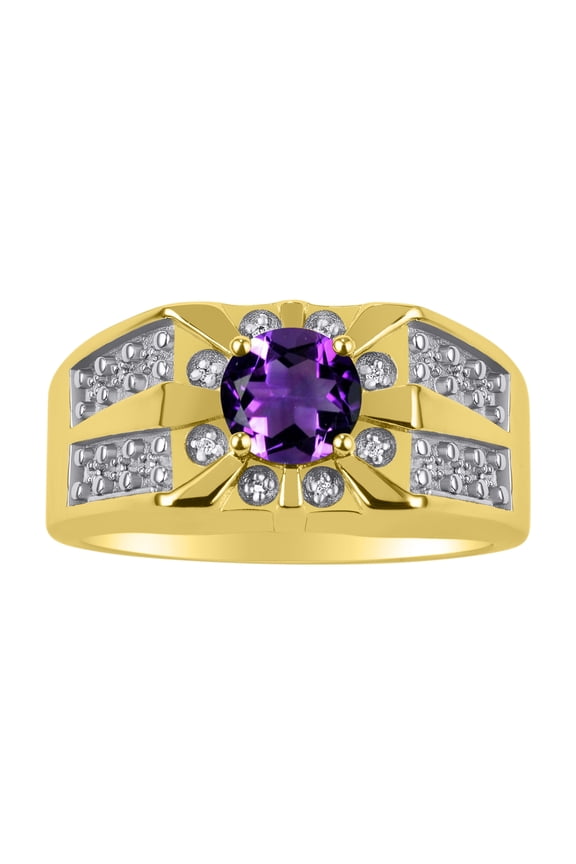 Men's Rings 14K Yellow Gold Designer Starburst 7MM Round Gemstone & Diamond Ring Amethyst February Birthstone Size 9
