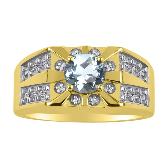 RYLOS Men's Rings 14K Yellow Gold Designer Starburst 7MM Round Gemstone & Diamond Ring Aquamarine March Birthstone Size 12