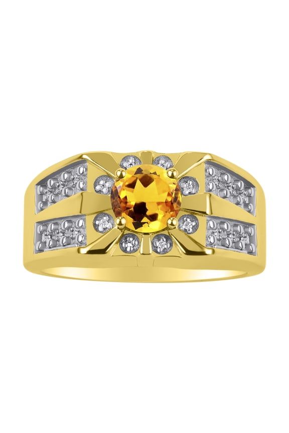 Men's Rings 14K Yellow Gold Designer Starburst 7MM Round Gemstone & Diamond Ring Citrine November Birthstone Size 13