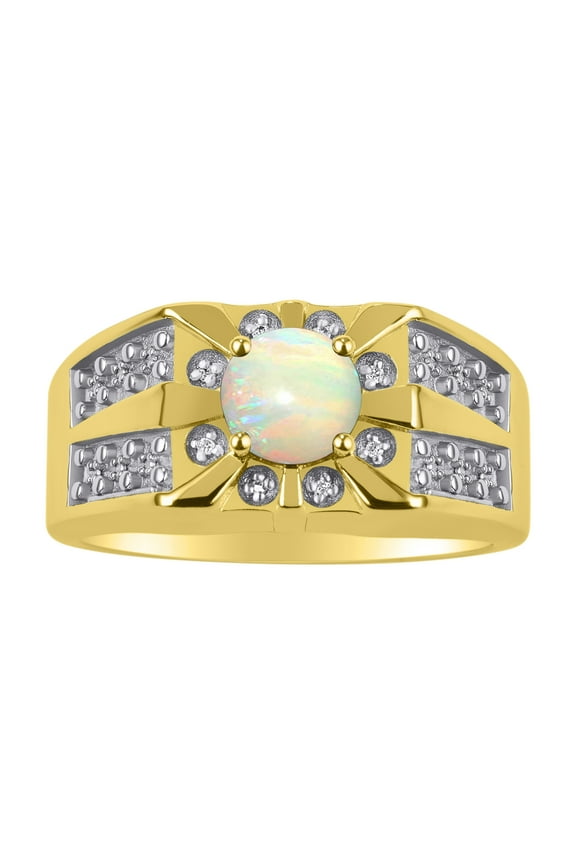 Men's Rings 14K Yellow Gold Designer Starburst 7MM Round Gemstone & Diamond Ring Opal October Birthstone Rings Size 11