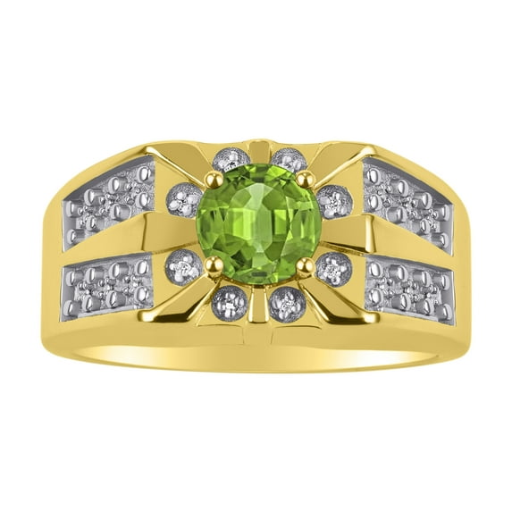 RYLOS Men's Rings 14K Yellow Gold Designer Starburst 7MM Round Gemstone & Diamond Ring Peridot August Birthstone Rings Size 13