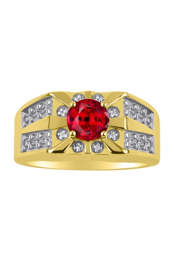Men's Rings 14K Yellow Gold Designer Starburst 7MM Round Gemstone & Diamond Ring Ruby July Birthstone Rings Size 8