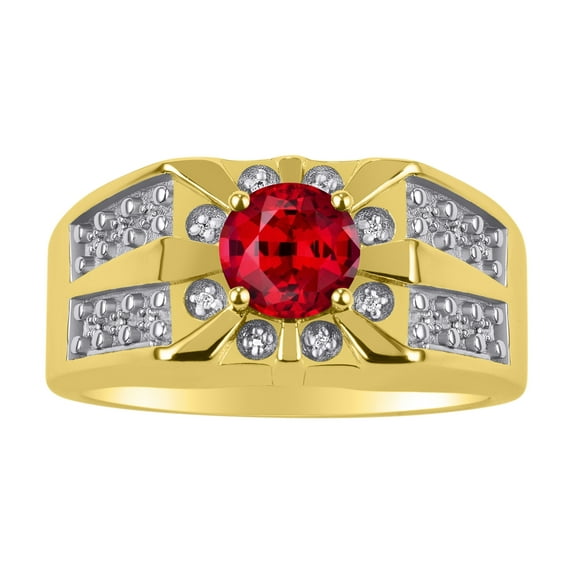 RYLOS Men's Rings 14K Yellow Gold Designer Starburst 7MM Round Gemstone & Diamond Ring Ruby July Birthstone Rings Size 9