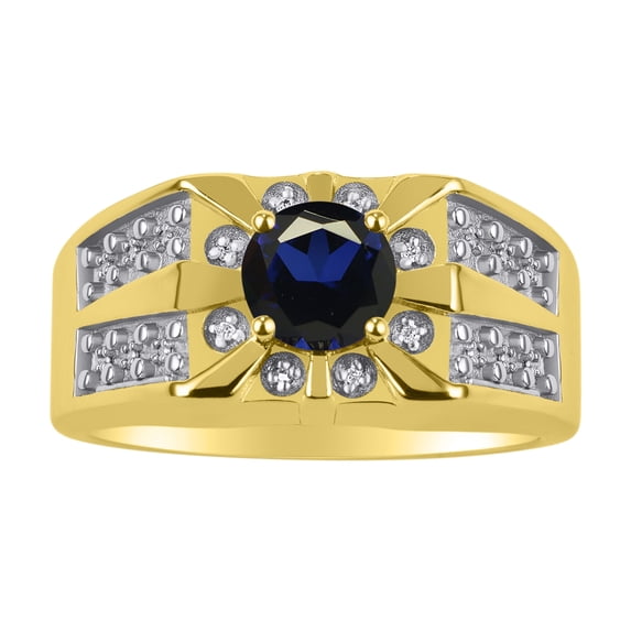 RYLOS Men's Rings 14K Yellow Gold Designer Starburst 7MM Round Gemstone & Diamond Ring Sapphire September Birthstone Size 11