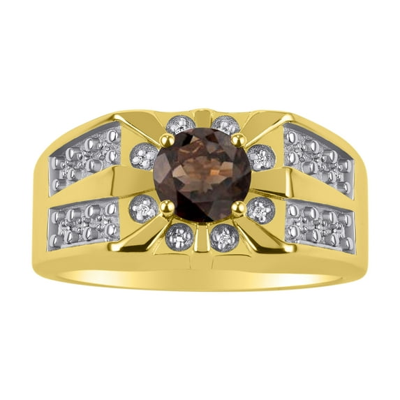 RYLOS Men's Rings 14K Yellow Gold Designer Starburst 7MM Round Gemstone & Diamond Ring Smoky Quartz June Birthstone Size 13
