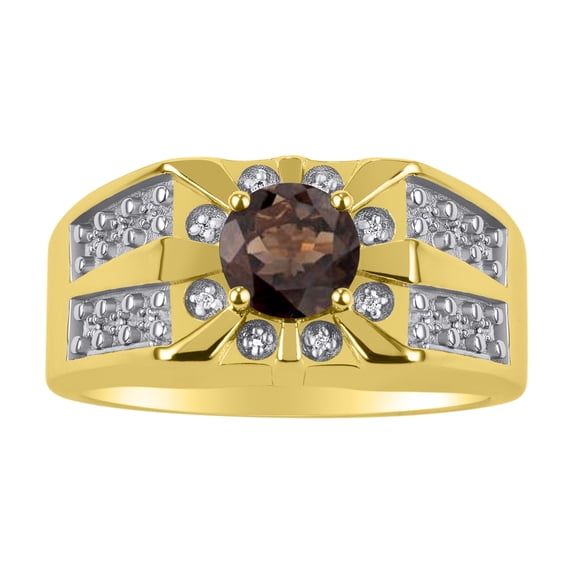 RYLOS Men's Rings 14K Yellow Gold Designer Starburst 7MM Round Gemstone & Diamond Ring Smoky Quartz June Birthstone Size 9