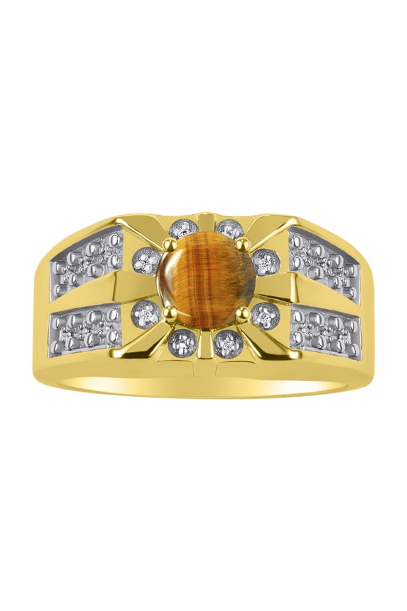 Men's Rings 14K Yellow Gold Designer Starburst 7MM Round Gemstone & Diamond Ring Tiger Eye November Birthstone Size 11