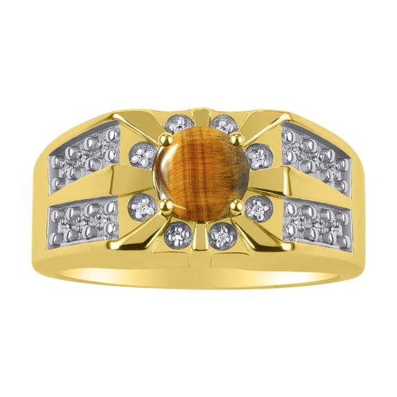 RYLOS Men's Rings 14K Yellow Gold Designer Starburst 7MM Round Gemstone & Diamond Ring Tiger Eye November Birthstone Size 13