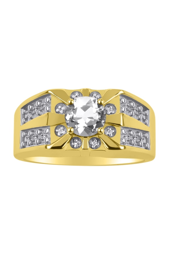 Men's Rings 14K Yellow Gold Designer Starburst 7MM Round Gemstone & Diamond Ring White Topaz April Birthstone Size 13