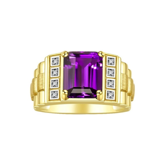 RYLOS Men's Rings 14K Yellow Gold Designer Style 10X8MM Emerald Cut Shape Gemstone & Diamonds Amethyst February Birthstone Rings For Men Size 8