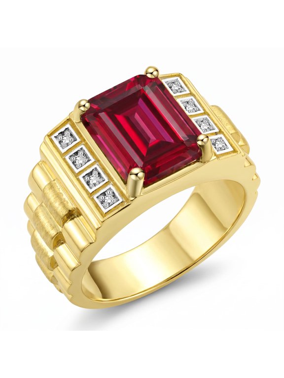 Men's Rings 14K Yellow Gold Designer Style 10X8MM Emerald Cut Shape Gemstone & Diamonds Ruby July Birthstone Rings For Men Size 9