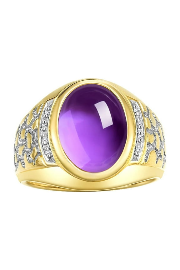 Men's Rings 14K Yellow Gold Nugget Ring with Cabochon Gemstone & Diamonds Amethyst Rings For Men Size 13