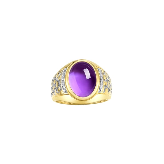 RYLOS Men's Rings 14K Yellow Gold Nugget Ring with Cabochon Gemstone & Diamonds Amethyst Rings For Men Size 8