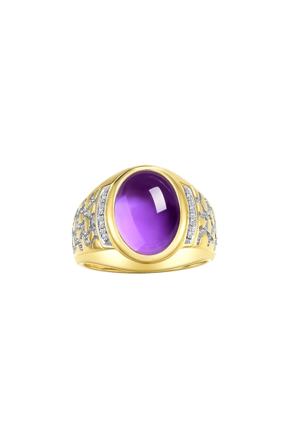 Men's Rings 14K Yellow Gold Nugget Ring with Cabochon Gemstone & Diamonds Amethyst Rings For Men Size 8