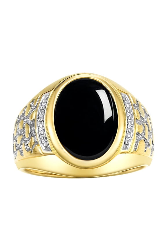 Men's Rings 14K Yellow Gold Nugget Ring with Cabochon Gemstone & Diamonds Cabochon Onyx Rings For Men Size 8