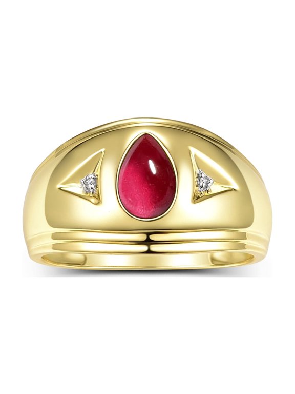 Men's Rings 14K Yellow Gold Pear Shape Tear Drop Cabochon Gemstone & Diamond Rings; Cabochon Ruby Size 9