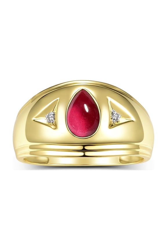 Men's Rings 14K Yellow Gold Pear Shape Tear Drop Cabochon Gemstone & Diamond Rings; Cabochon Ruby Size 9