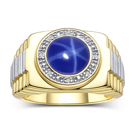 RYLOS Men's Rings 14K Yellow Gold Ring Cabochon Gemstone & Diamonds Designer Style Blue Star Sapphire Rings For Men Size 13