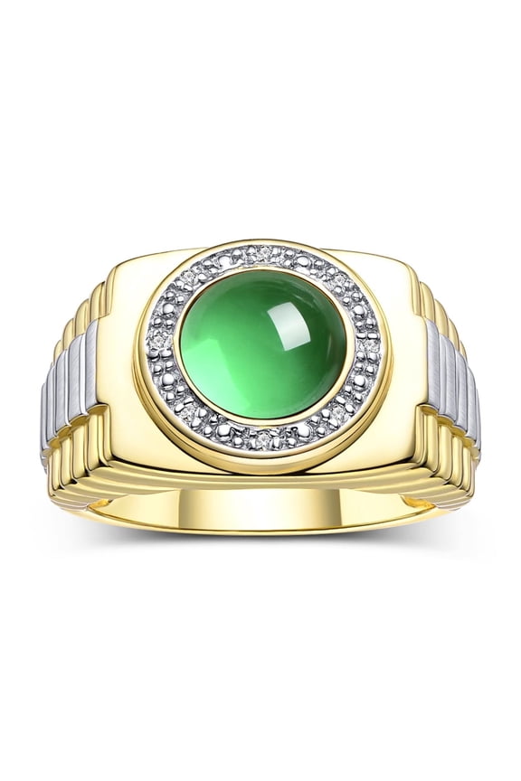 Men's Rings 14K Yellow Gold Ring Cabochon Gemstone & Diamonds Designer Style Emerald Rings For Men Size 8