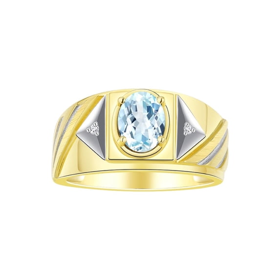 RYLOS Men's Rings 14K Yellow Gold Ring Classic Designer Style 8X6MM Oval Gemstone & Diamond Ring Aquamarine Birthstone Rings For Men Size 13