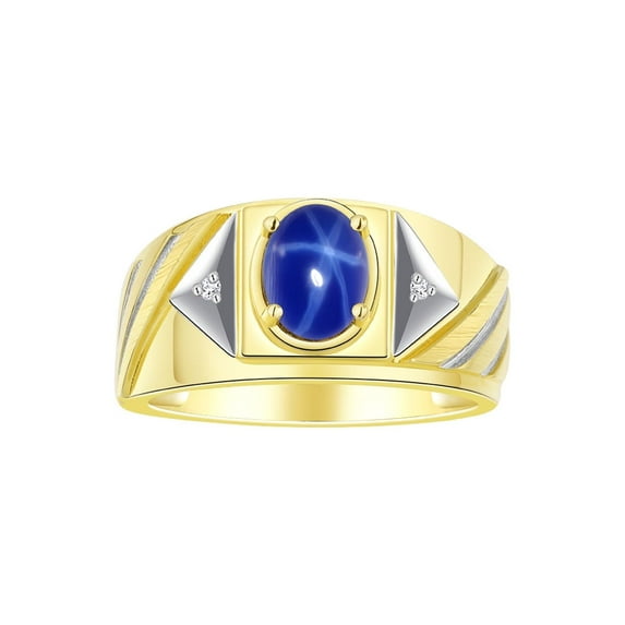 RYLOS Men's Rings 14K Yellow Gold Ring Classic Designer Style 8X6MM Oval Gemstone & Diamond Ring Blue Star Sapphire Birthstone Rings For Men Size 11