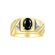 RYLOS Mens Rings 14K Yellow Gold Ring Classic Designer Style 8X6MM Oval Gemstone & Diamond Ring Onyx October Birthstone Rings For Men Size 9