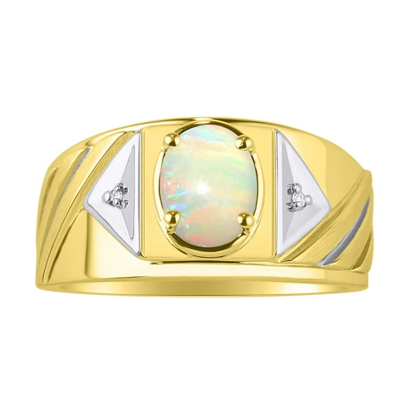 RYLOS Men's Rings 14K Yellow Gold Ring Classic Designer Style 8X6MM Oval Gemstone & Diamond Ring Opal African Birthstone Rings For Men Size 10