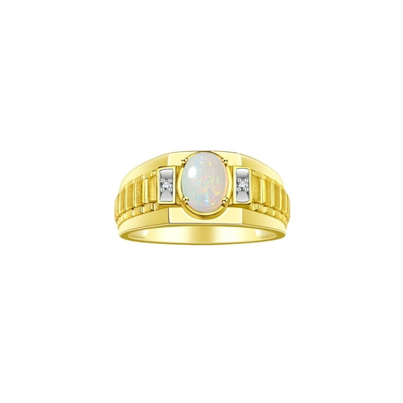 RYLOS Men's Rings 14K Yellow Gold Ring Classic Designer Style 8X6MM Oval Gemstone & Diamond Ring Opal October Birthstone Rings For Men Size 8