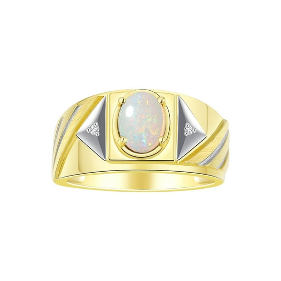 RYLOS Men's Rings 14K Yellow Gold Ring Classic Designer Style 8X6MM Oval Gemstone & Diamond Ring Opal October Birthstone Rings For Men Size 9