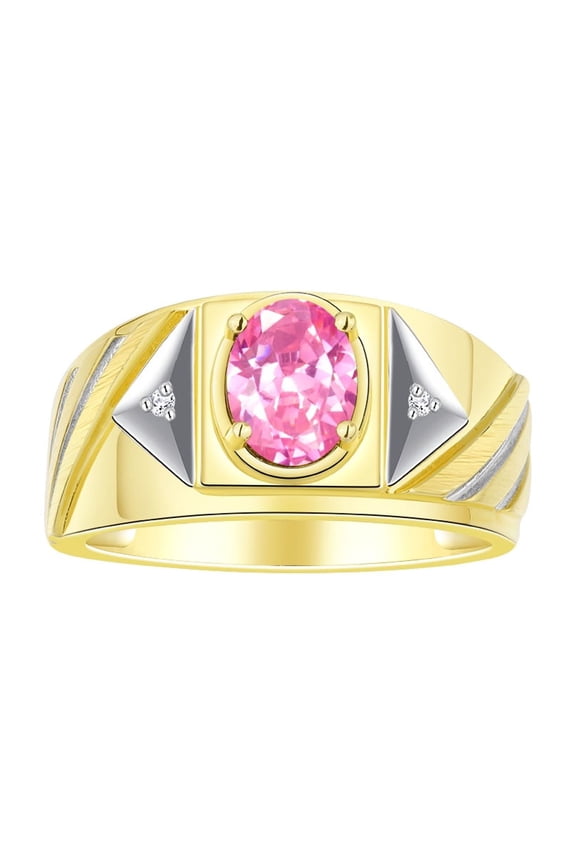 Men's Rings 14K Yellow Gold Ring Classic Designer Style 8X6MM Oval Gemstone & Diamond Ring Pink Ice Birthstone Rings For Men Size 9